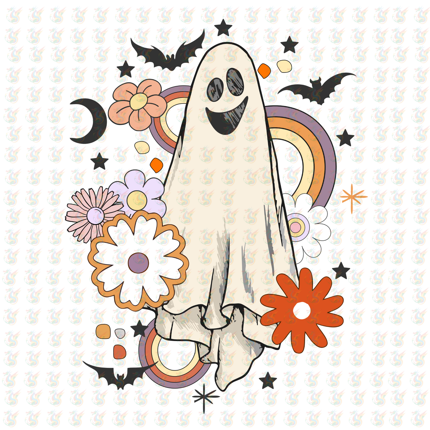 Groovy Ghost DTF Transfer – Retro Halloween Floral Design – Ready to Press