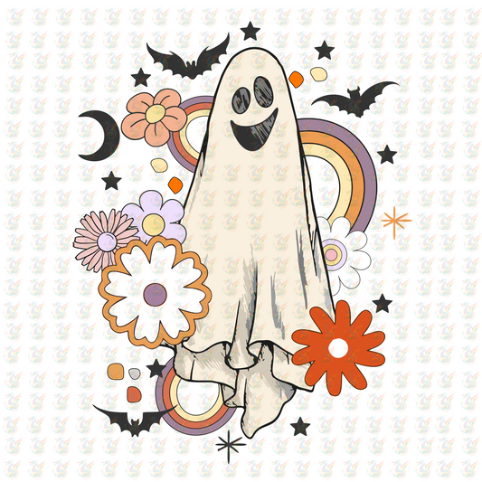 Groovy Ghost DTF Transfer – Retro Halloween Floral Design – Ready to Press