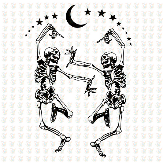 Dancing Skeletons DTF Transfer – Halloween Moon Design – Ready to Press