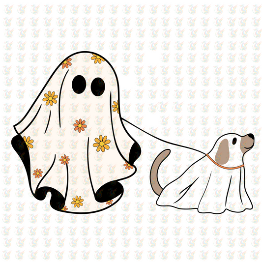 Ghost and Dog Halloween DTF Transfer – Floral Trick-or-Treat Design