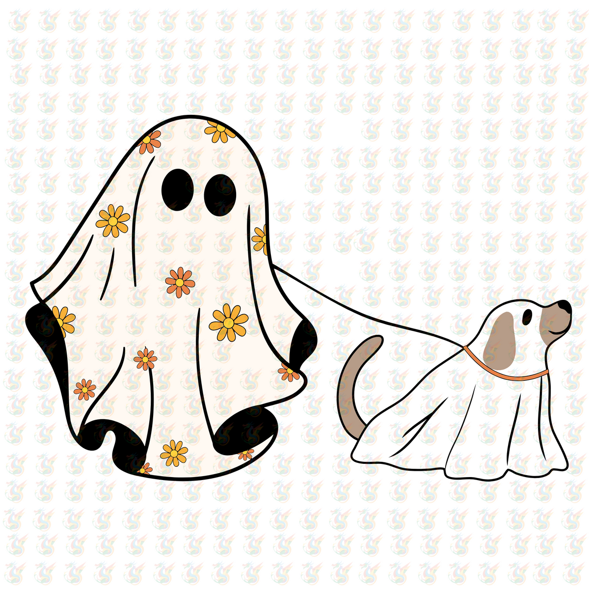 Ghost and Dog Halloween DTF Transfer – Floral Trick-or-Treat Design