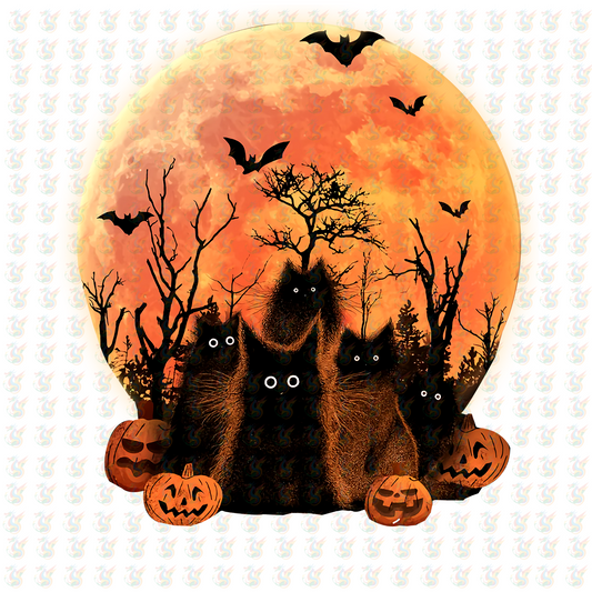 Black Cats & Full Moon DTF Transfer – Spooky Halloween Scene – Ready to Press