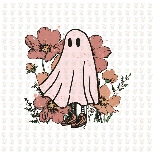 Pink Floral Ghost DTF Transfer – Cute & Whimsical Halloween – Ready to Press