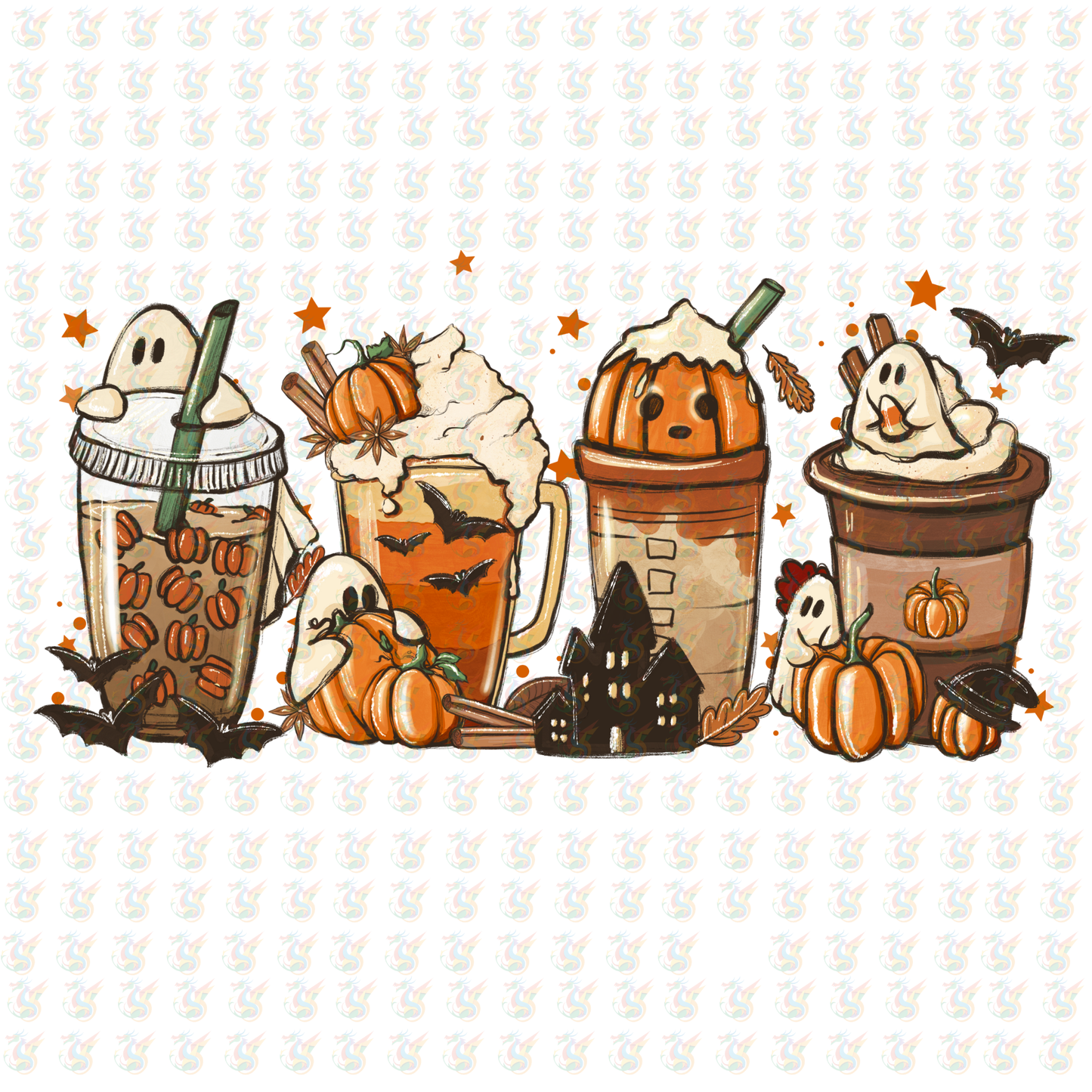 Halloween Ghost Coffee DTF Transfer – Ready to Press – Cute Fall Drinks & Pumpkins Design