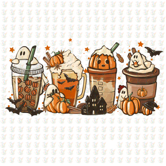 Halloween Ghost Coffee DTF Transfer – Ready to Press – Cute Fall Drinks & Pumpkins Design