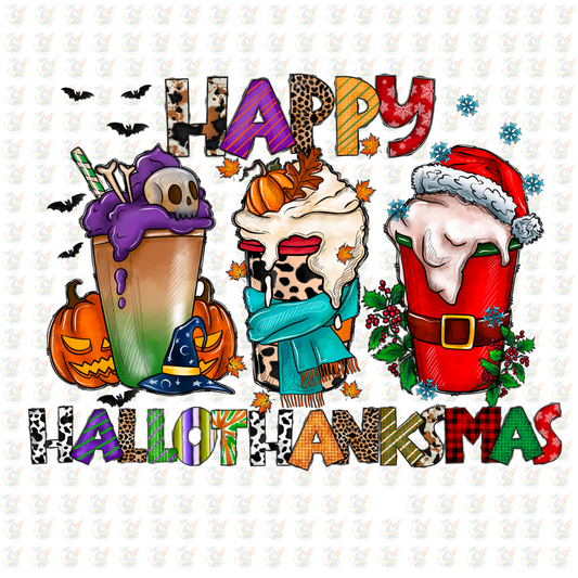 Happy Hallothanksmas DTF Transfer – Ready to Press – Halloween, Thanksgiving & Christmas Drink Design