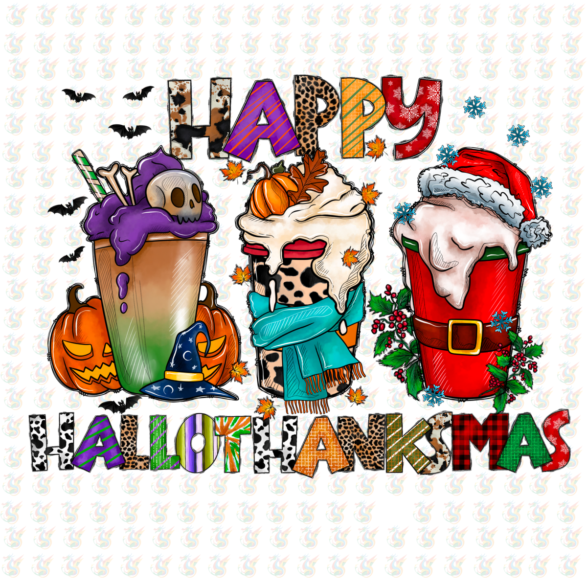Happy Hallothanksmas DTF Transfer – Ready to Press – Halloween, Thanksgiving & Christmas Drink Design