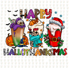 Happy Hallothanksmas DTF Transfer – Ready to Press – Halloween, Thanksgiving & Christmas Drink Design