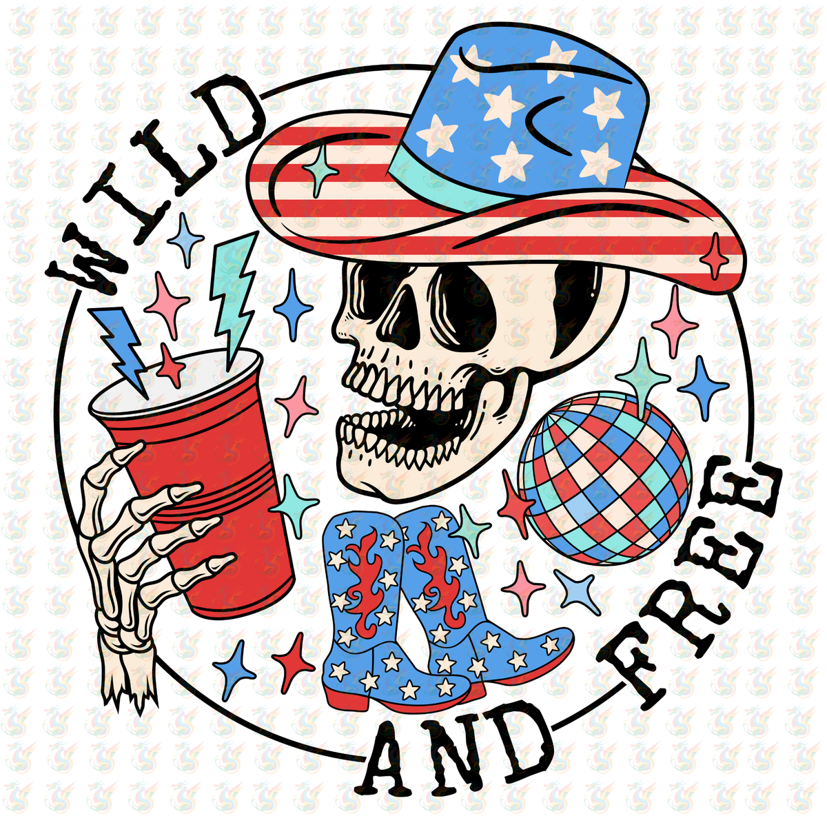 Patriotic Skeleton DTF Transfer – Cowboy Hat & Boots – Ready to Press