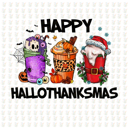 Happy Hallothanksmas DTF Transfer – Ready to Press – Halloween, Thanksgiving & Christmas Coffee Design