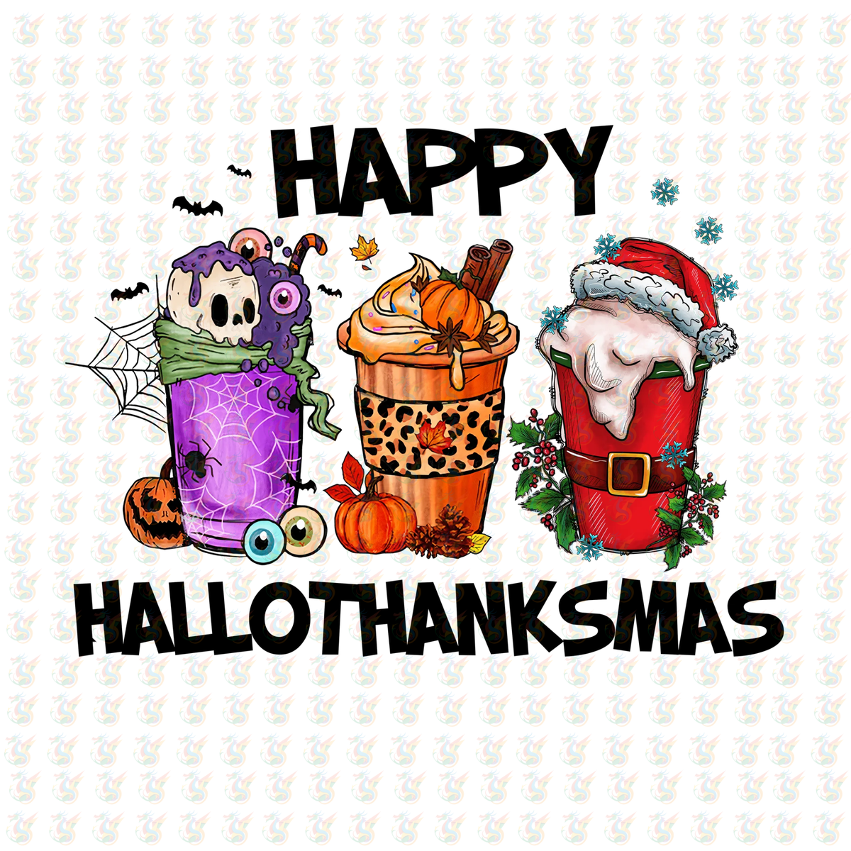 Happy Hallothanksmas DTF Transfer – Ready to Press – Halloween, Thanksgiving & Christmas Coffee Design