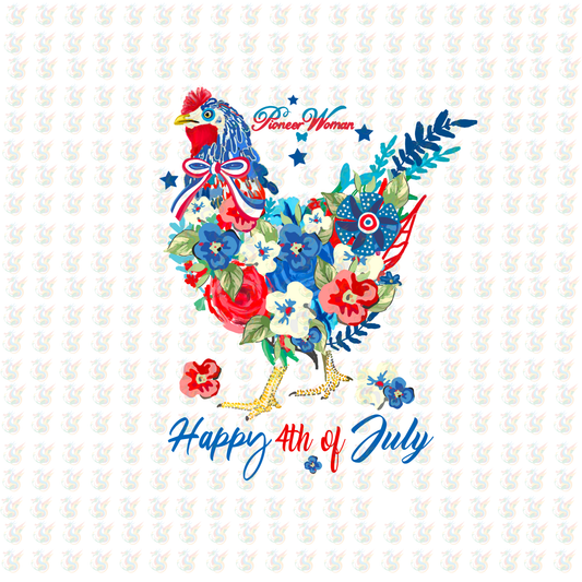 4th of July Floral Chicken DTF Transfer – Patriotic Farm Design – Ready to Press