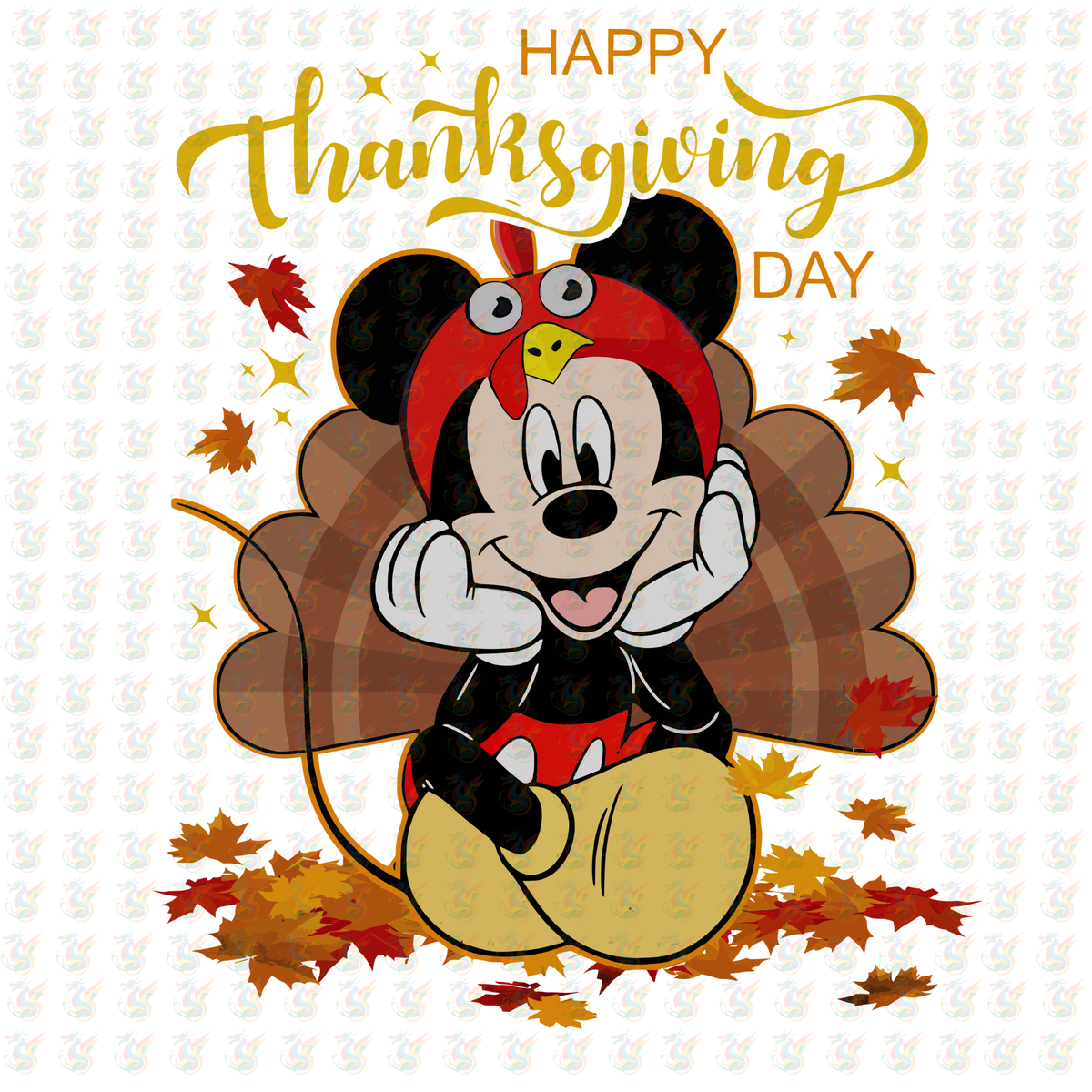 Thanksgiving Mickey DTF Transfer – Turkey Hat & Fall Leaves – Ready to Press
