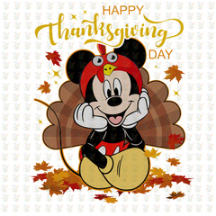 Thanksgiving Mickey DTF Transfer – Turkey Hat & Fall Leaves – Ready to Press