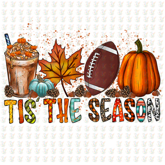 ’Tis the Season DTF Transfer – Ready to Press – Fall Coffee, Football & Pumpkin Design