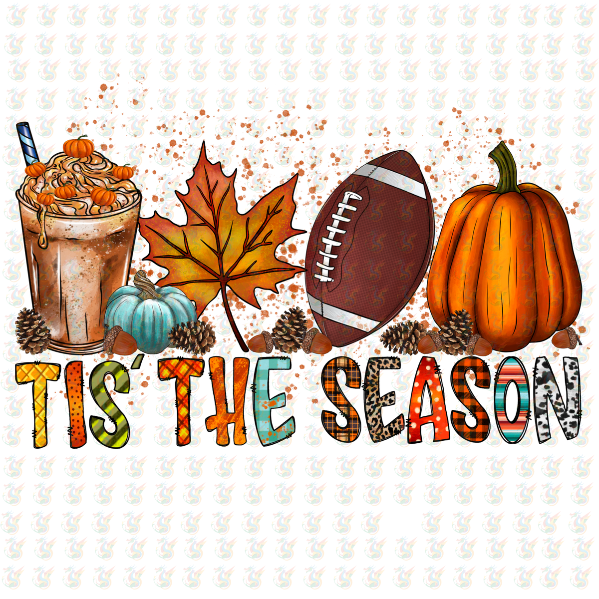 ’Tis the Season DTF Transfer – Ready to Press – Fall Coffee, Football & Pumpkin Design