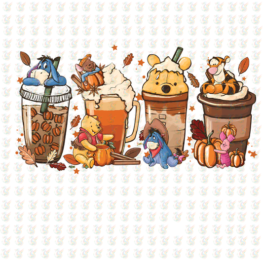 Winnie the Pooh Fall Coffee DTF Transfer – Ready to Press – Autumn Drinks & Pumpkins Design