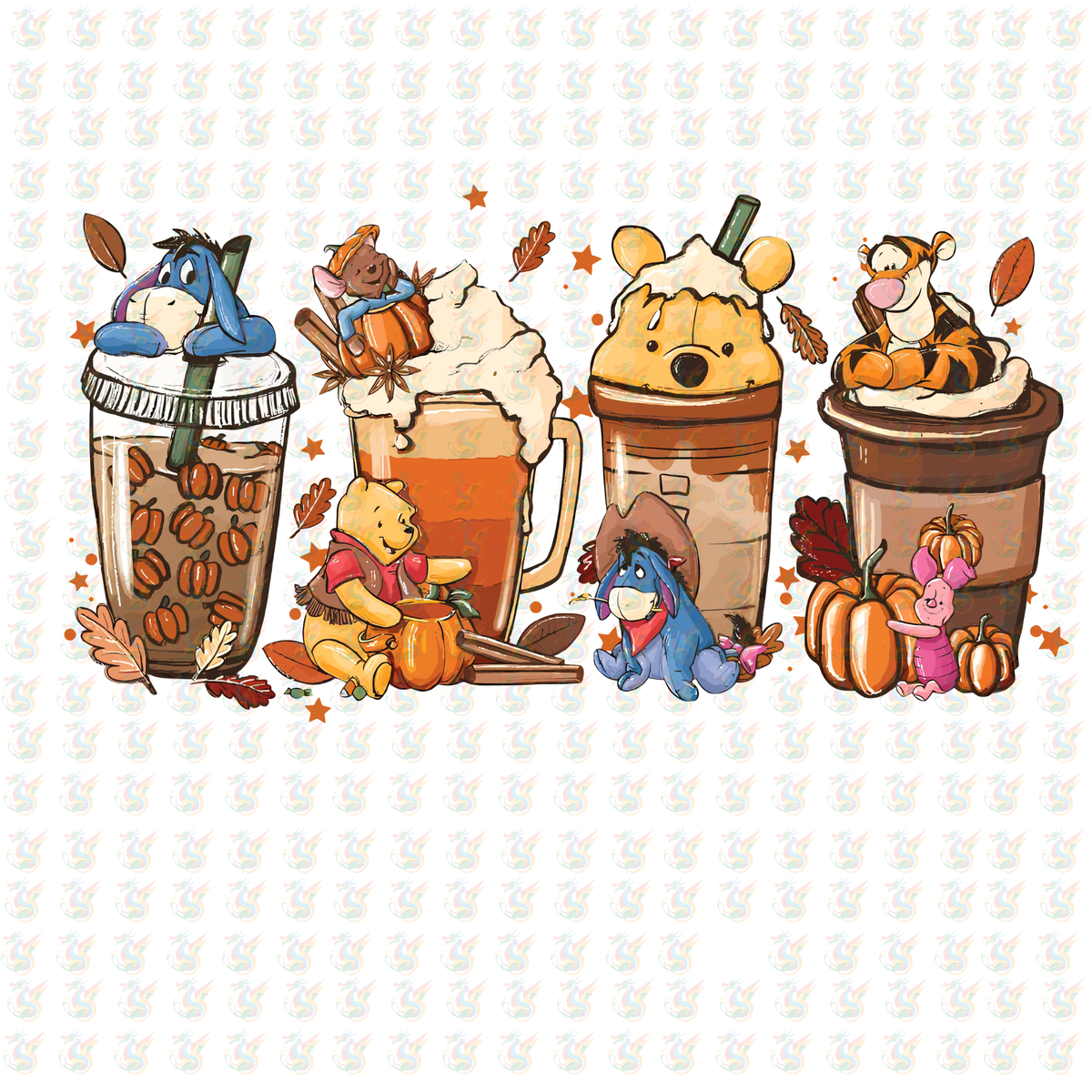 Winnie the Pooh Fall Coffee DTF Transfer – Ready to Press – Autumn Drinks & Pumpkins Design