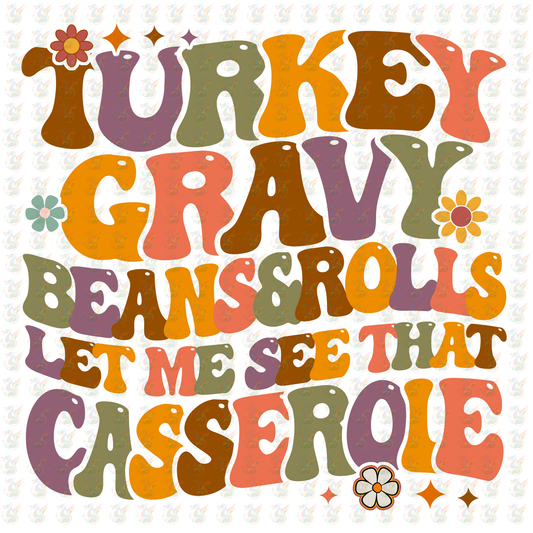 Turkey Gravy Beans & Rolls DTF Transfer – Ready to Press – Retro Thanksgiving Casserole Design