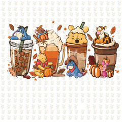 Winnie the Pooh Fall Coffee DTF Transfer – Ready to Press – Autumn Drinks & Pumpkins Design