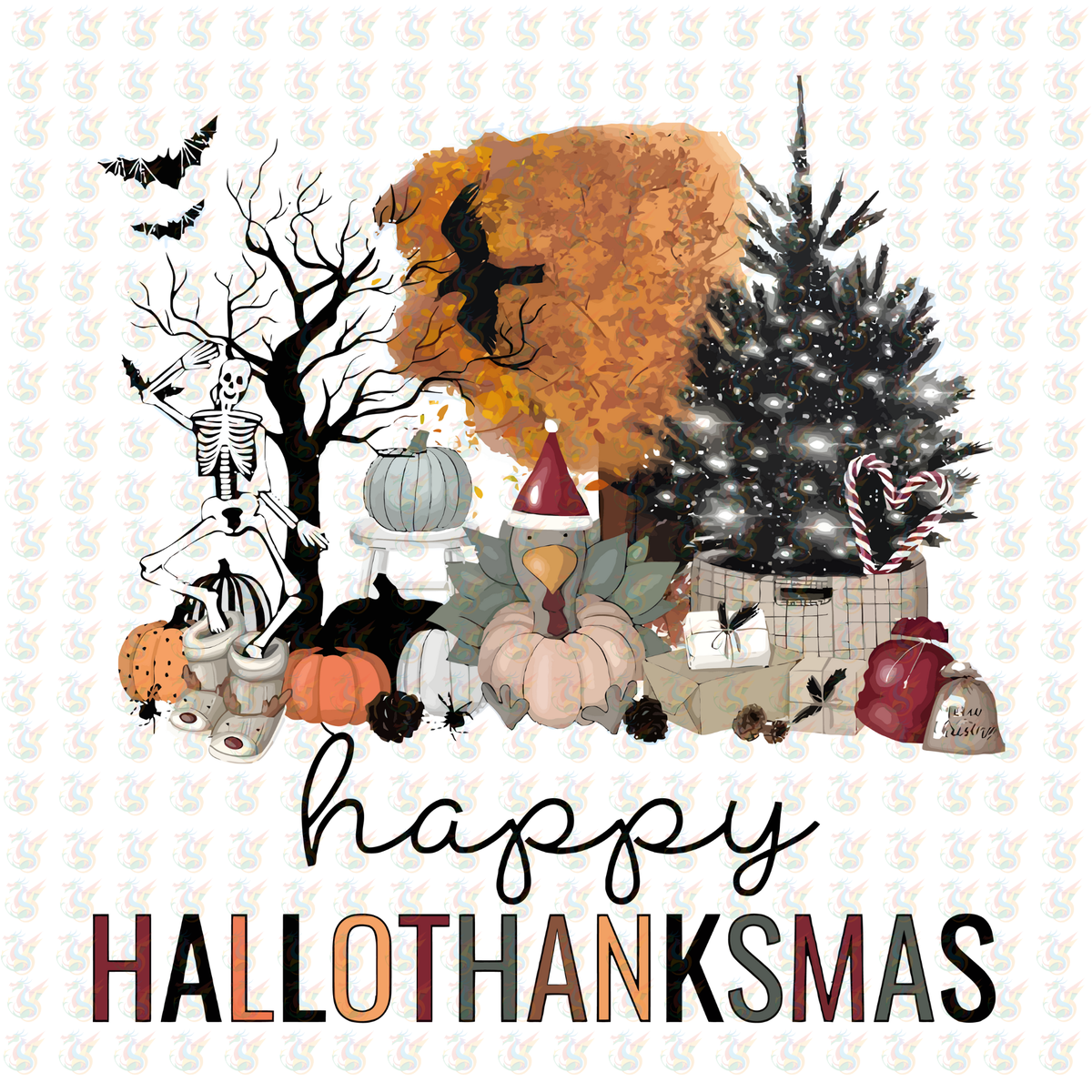 Happy Hallothanksmas DTF Transfer – Ready to Press – Halloween, Thanksgiving & Christmas Mashup