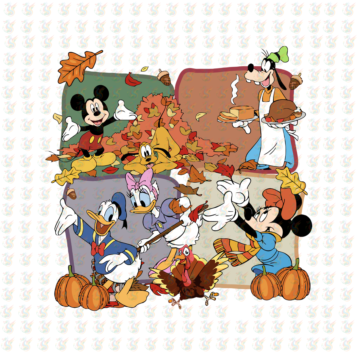 Disney Thanksgiving Fun DTF Transfer – Mickey, Minnie & Friends with Fall Leaves and Feast
