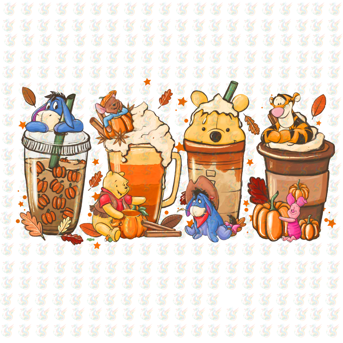 Winnie the Pooh Fall Drinks DTF Transfer – Ready to Press – Autumn Coffee & Pumpkin Design