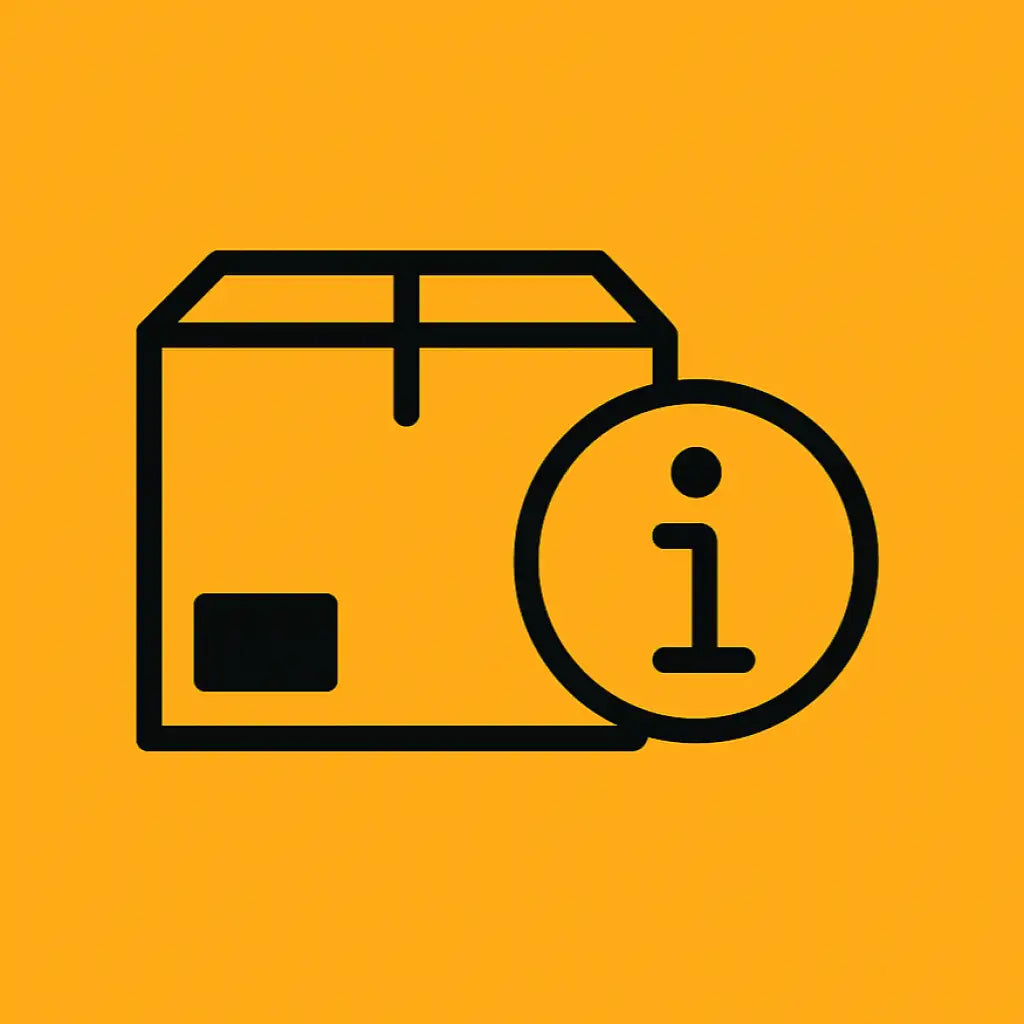 Black cardboard box icon with information sign on yellow background.