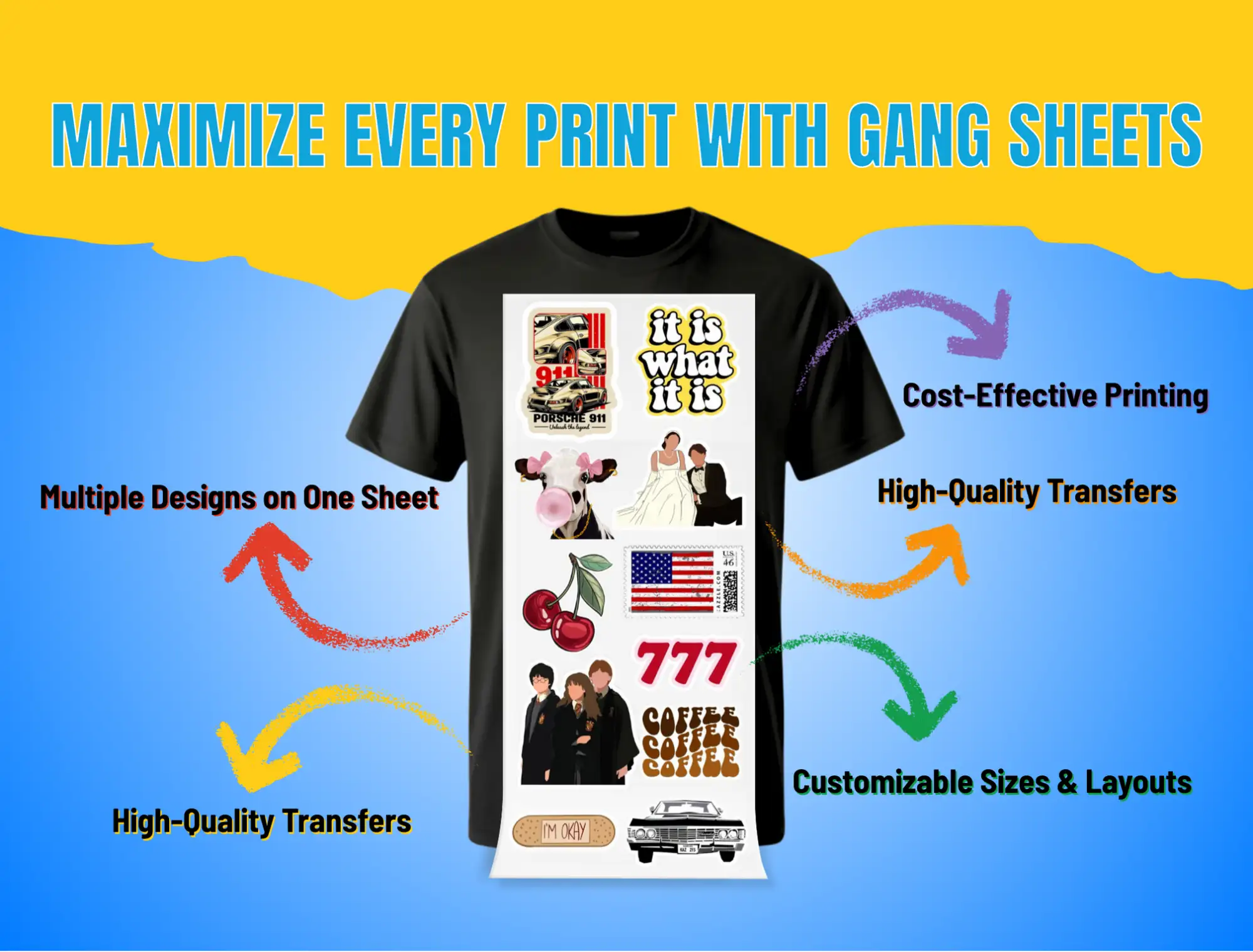 Black t-shirt with graphic transfers featuring various designs and text, including ’it’s what it is’ and ’777,’ printed on gang sheets.