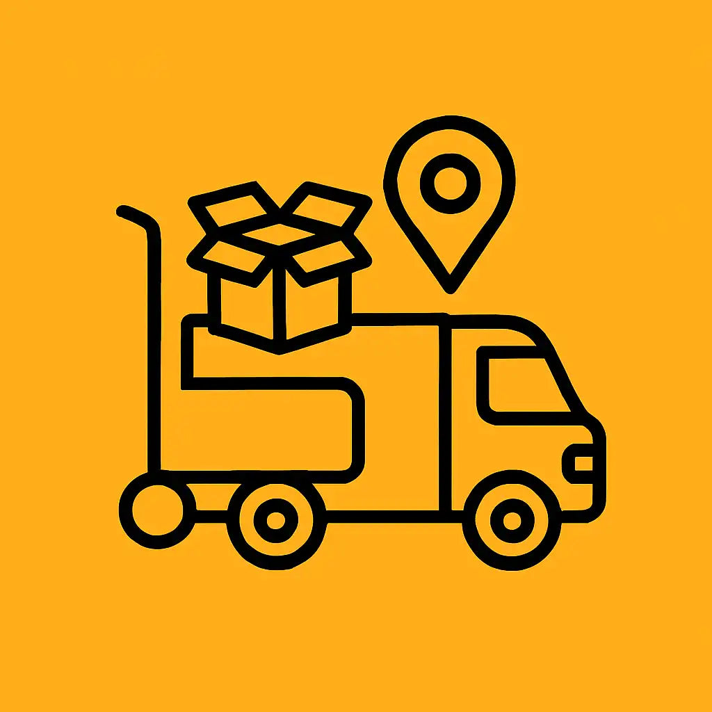 Black and white delivery van with open box on cart against yellow background