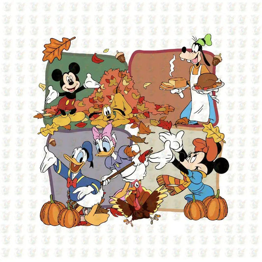 Disney Thanksgiving Fun DTF Transfer – Mickey, Minnie & Friends with Fall Leaves and Feast - House Of DTF Shirt
