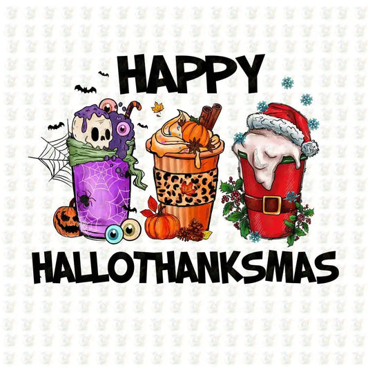 Happy Hallothanksmas DTF Transfer – Ready to Press – Halloween, Thanksgiving & Christmas Coffee Design - House Of DTF Shirt