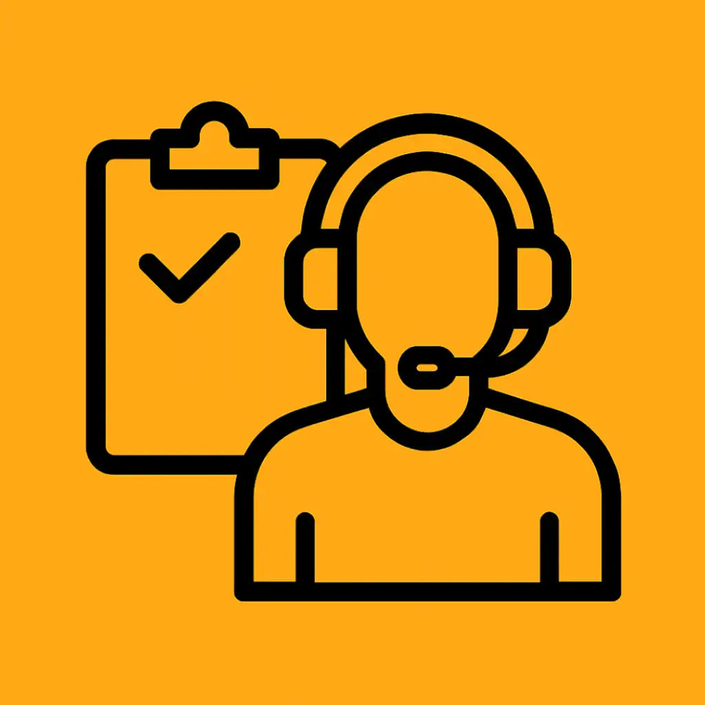 Headset with microphone and earpiece, black outline on orange background.