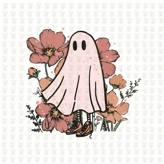 Pink Floral Ghost DTF Transfer – Cute & Whimsical Halloween – Ready to Press - House Of DTF Shirt