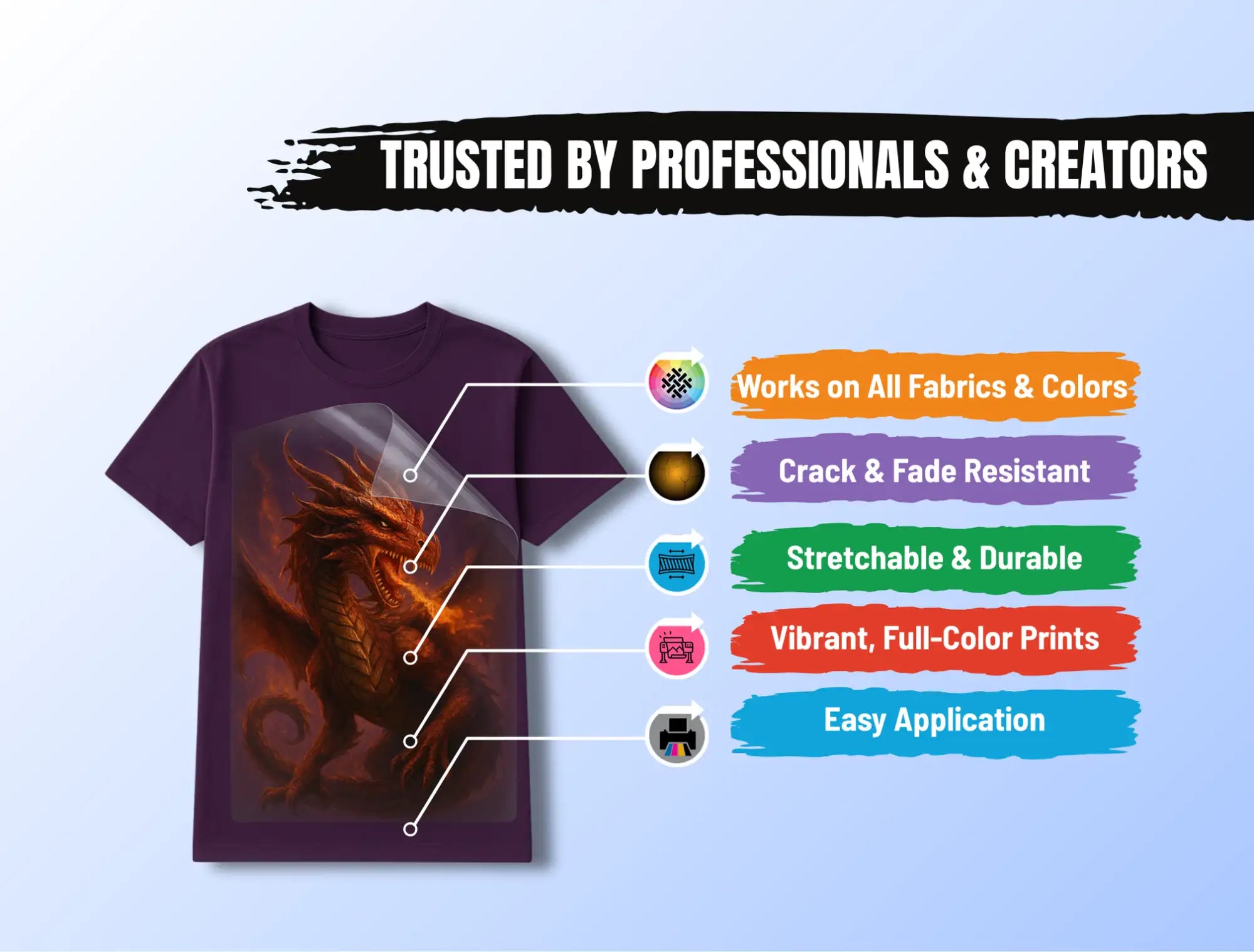 Purple dragon t-shirt with vibrant full-color print and easy application design.