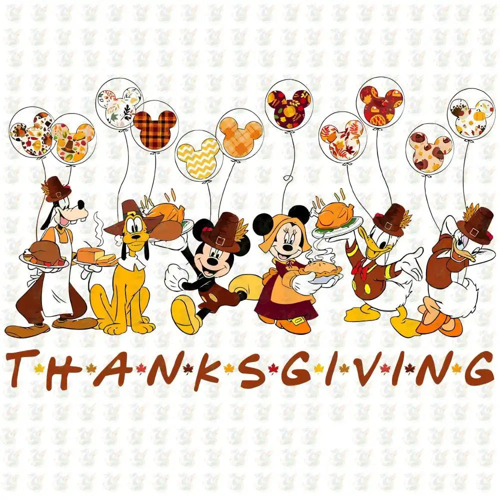Thanksgiving Disney DTF Transfer – Ready to Press – Mickey, Minnie, Donald, Goofy & Friends in Pilgrim Outfits - House Of DTF Shirt