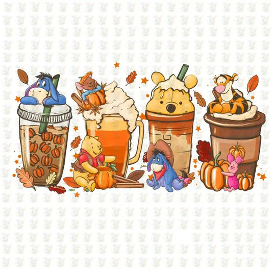 Winnie the Pooh Fall Drinks DTF Transfer – Ready to Press – Autumn Coffee & Pumpkin Design - House Of DTF Shirt